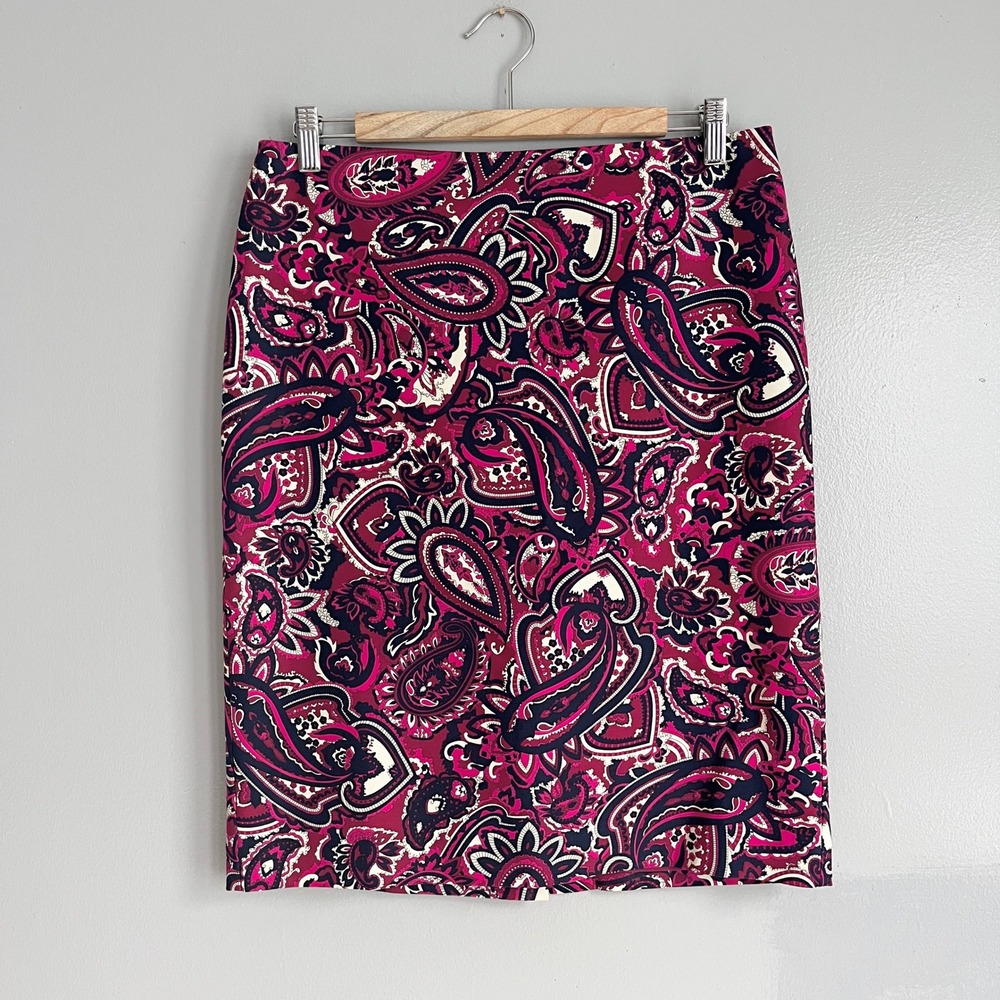 Talbots Womens Size 8‎ Pink Black Paisley Cotton Blend Lined Pencil Skirt Career